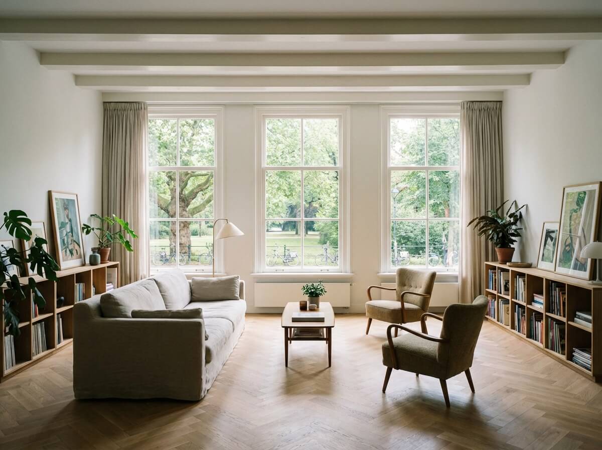 Sfeervolle woonkamer met grote ramen